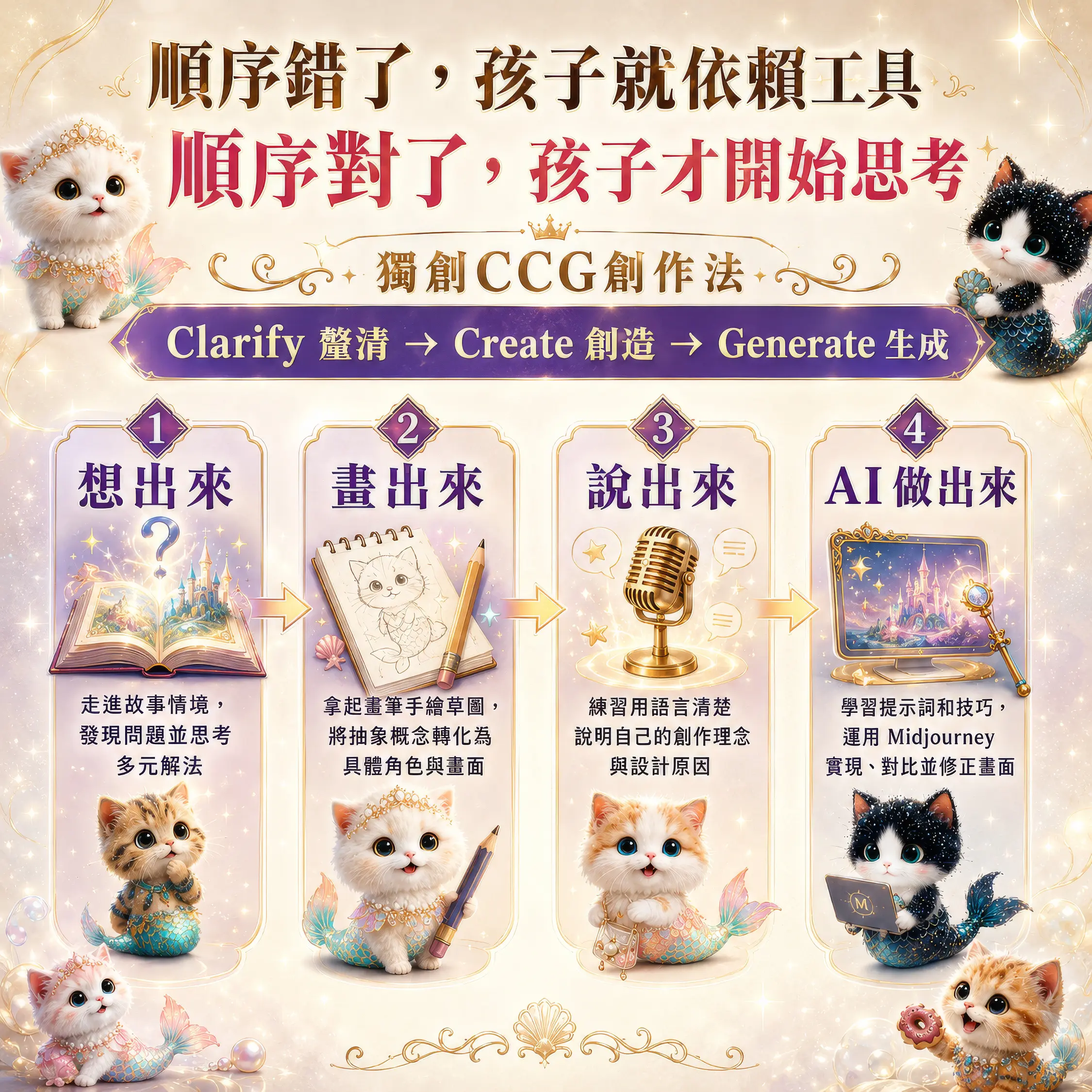 CCG 創作法流程圖：想出來、畫出來、說出來、AI 做出來