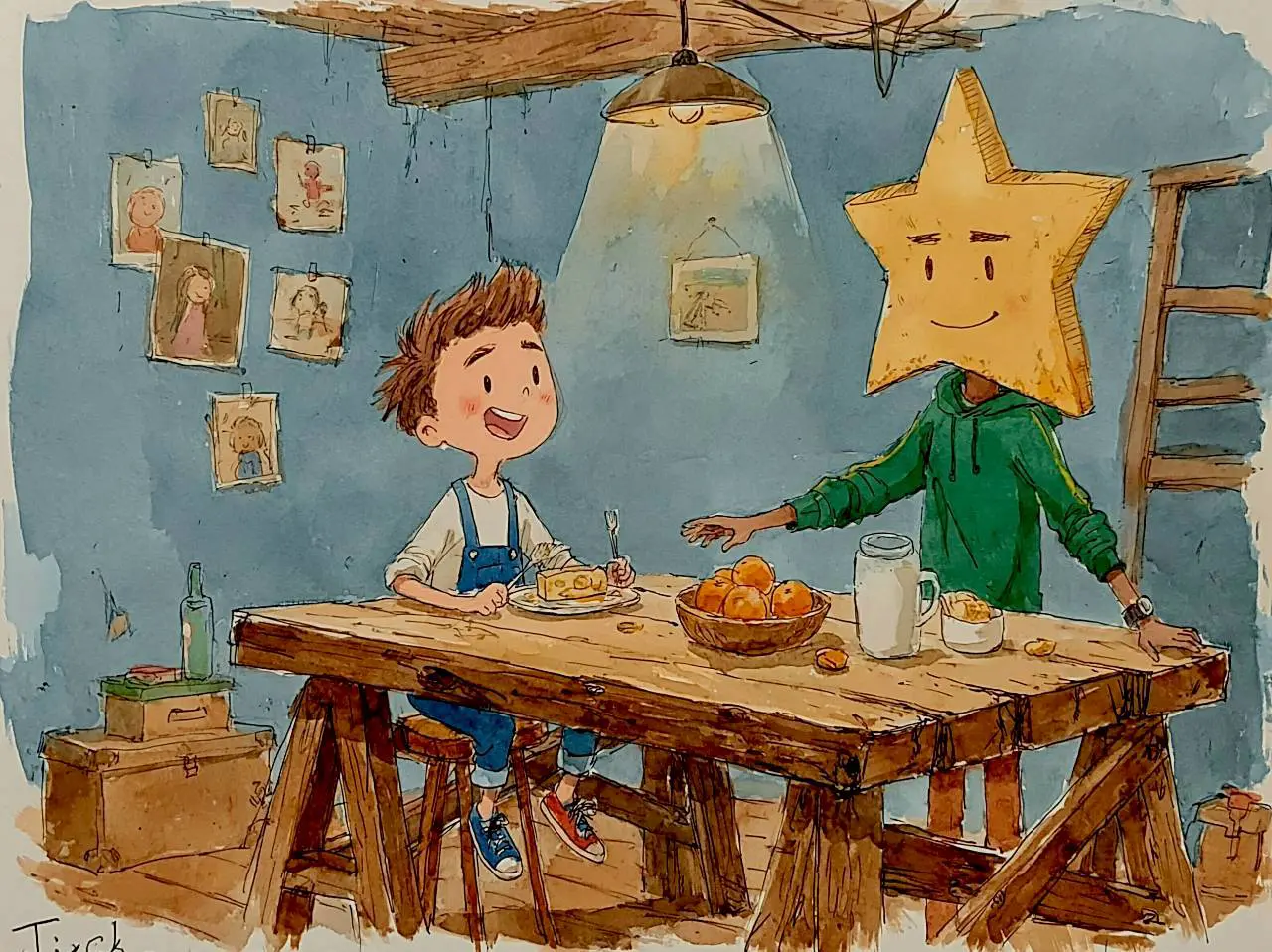 孩子用 AI 完成的星星人作品：星星頭的人在餐桌旁陪孩子吃點心